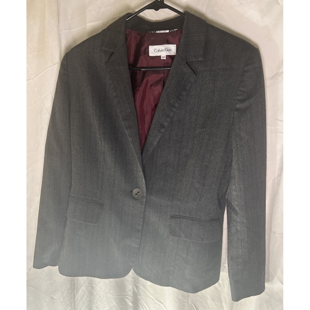 Calvin Klein Womens Suit Jacket 10P Petite Grey Herringbone 1-Button Stretch - Picture 6 of 9